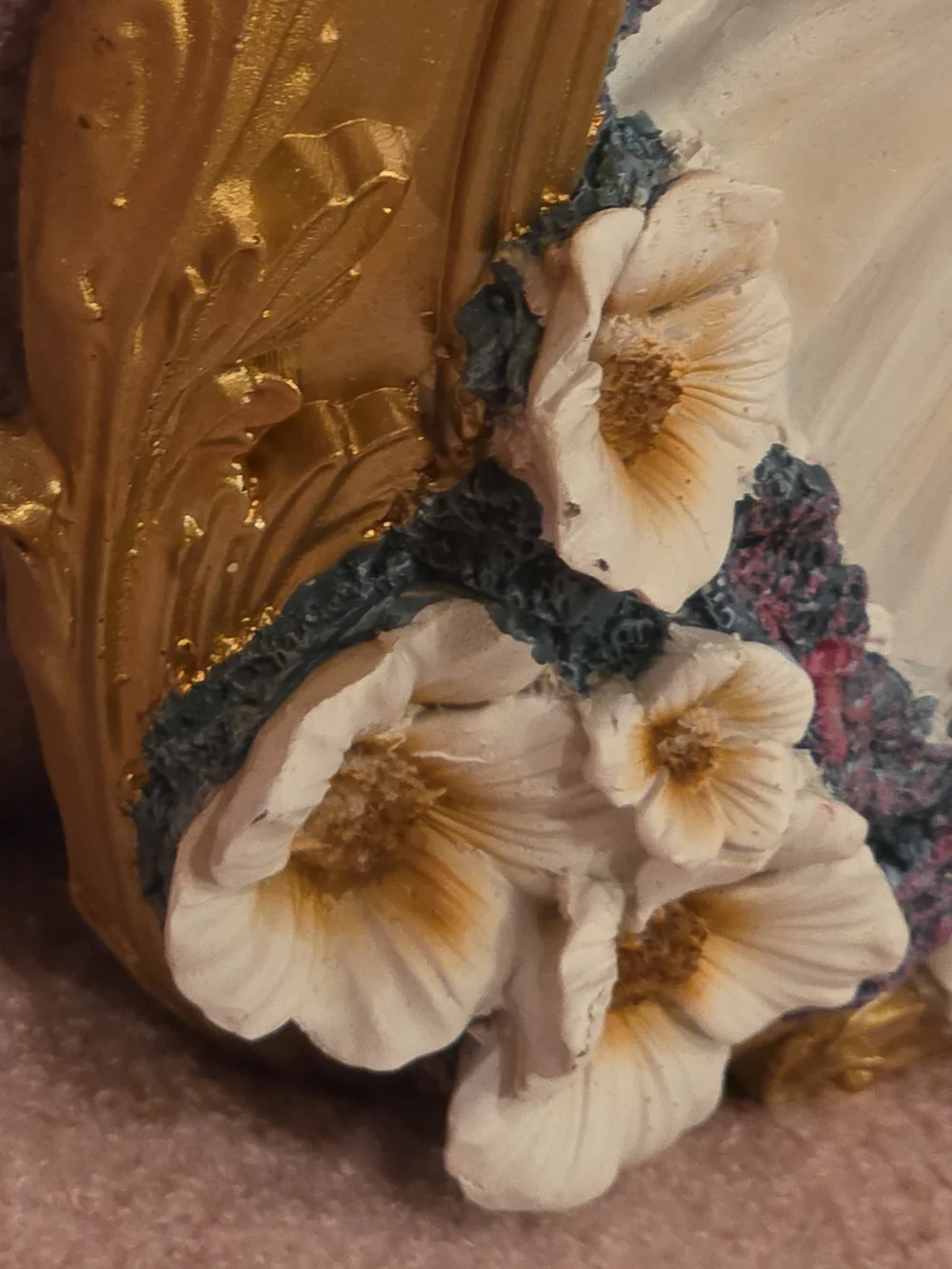 Gold Framed Ghost Wall Plaque with Ivory Flowers